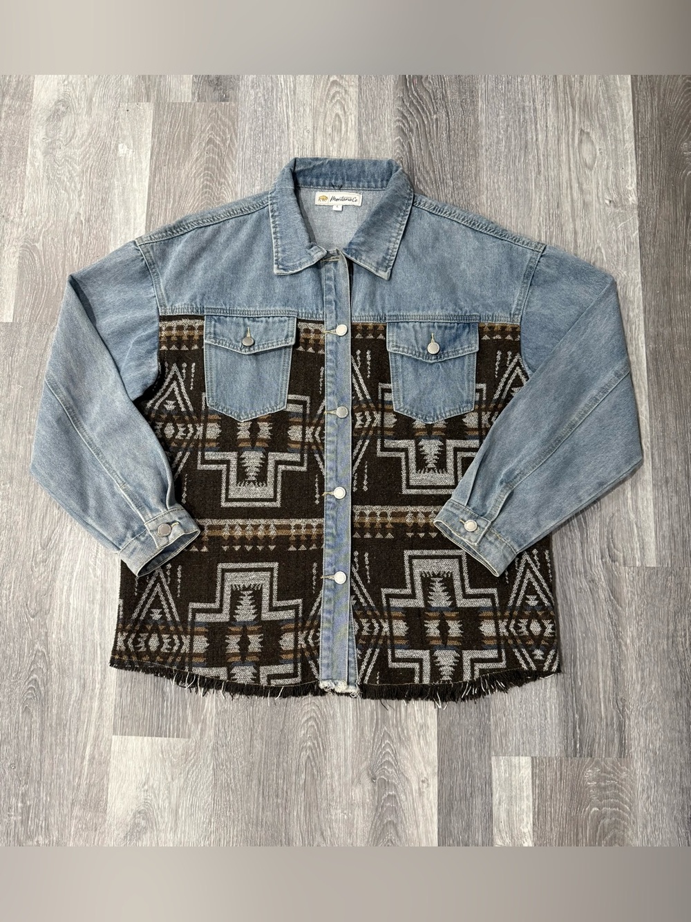 Montana Co. Womens L Denim & Knit Aztec Geometric Western Boho Shirt Jacket